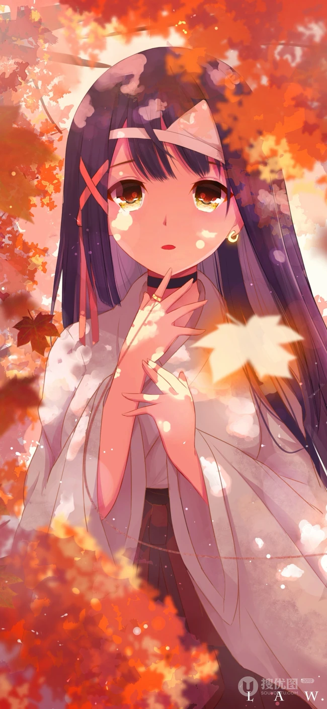 橙色枫叶前的站着的和服动漫少女人像插画手机壁纸