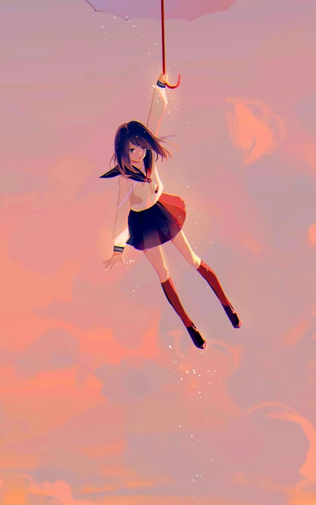 撑着雨伞慢慢降落的动漫学生妹子手机壁纸