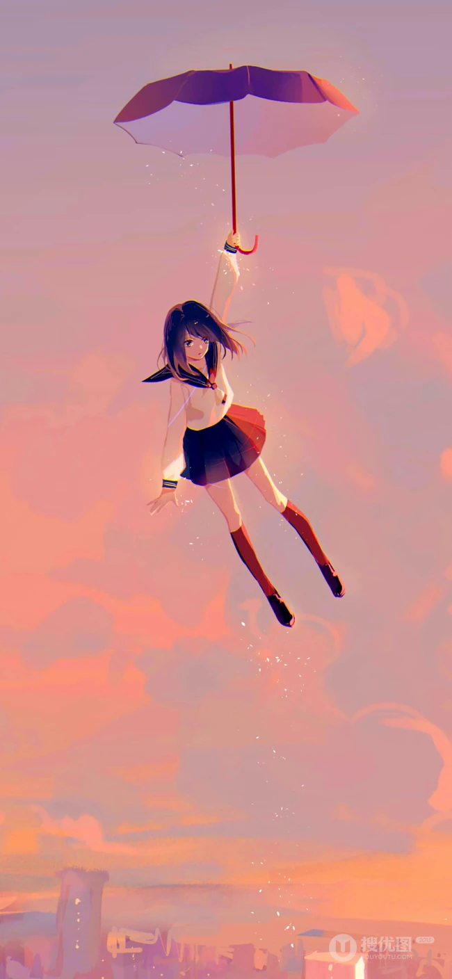 撑着雨伞慢慢降落的动漫学生妹子手机壁纸