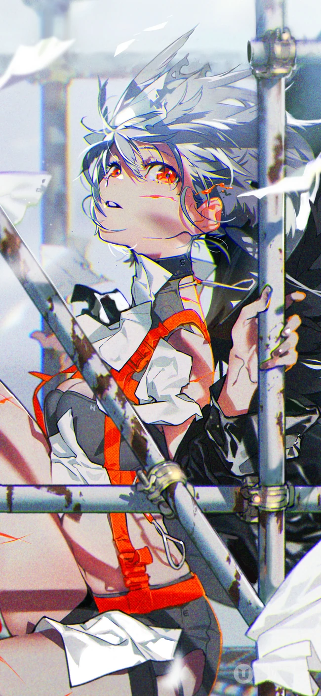 手扶着铁架，穿红色吊带裤子的动漫少女插画手机壁纸