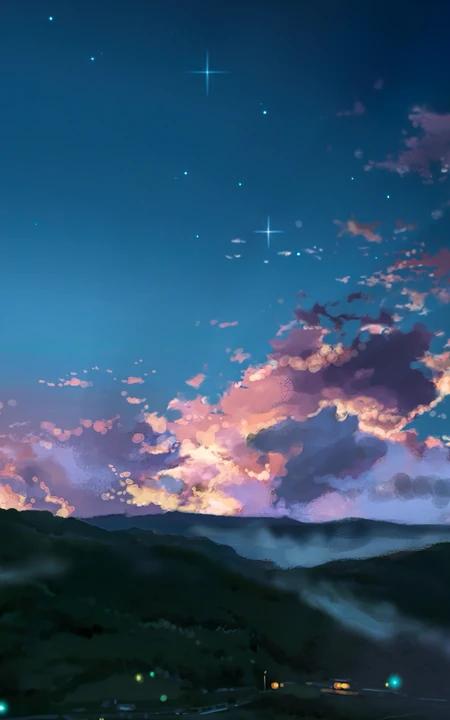 星空下山中的依稀灯光的小镇动漫场景手机壁纸