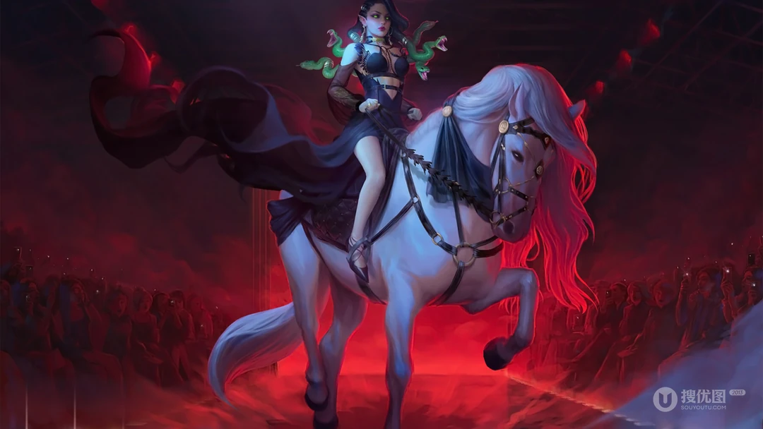 创意T台上骑着大白马的古希腊神话人物&ldquo;美杜莎&rdquo;手绘插画电脑壁纸