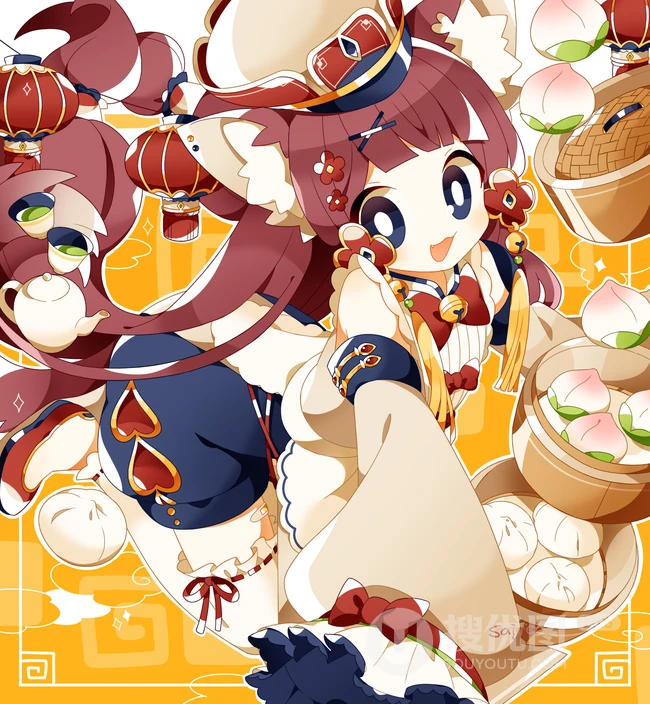 热气腾腾，香喷喷，吃包子的二次元动漫少女高清插画图片