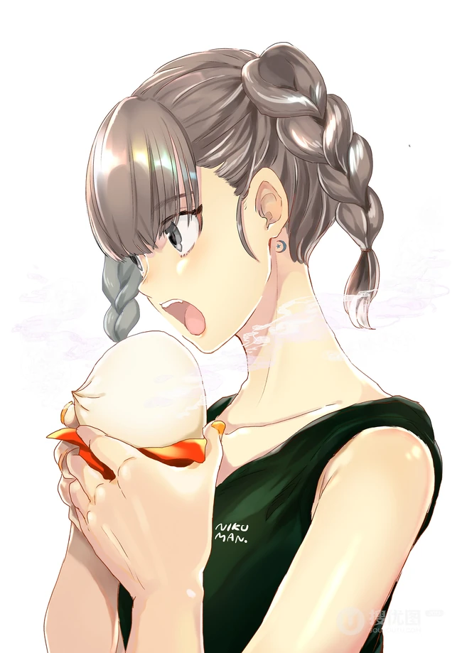 热气腾腾，香喷喷，吃包子的二次元动漫少女高清插画图片