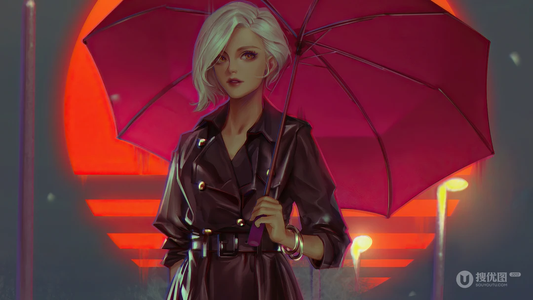 穿时尚风衣撑着雨伞的短发动漫酷女孩