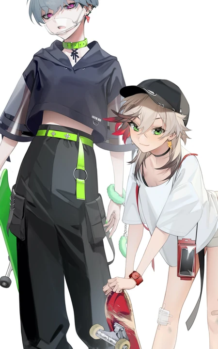 爱滑板的动漫少男少女手绘插画手机壁纸