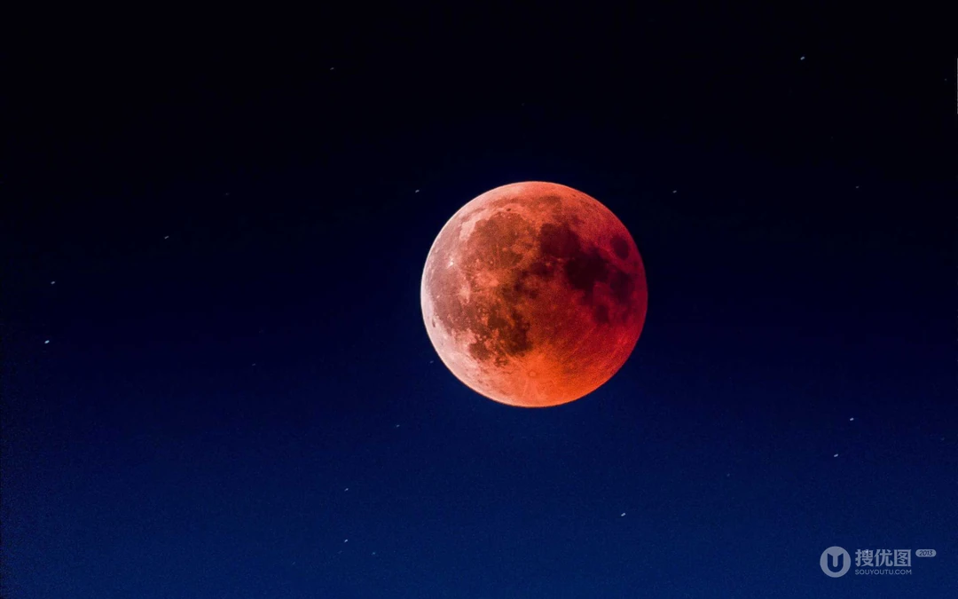 夜晚的天空，橙红色的月球满月观光电脑壁纸