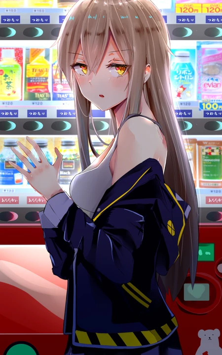 在饮料售卖机前的时尚动漫少女手机壁纸