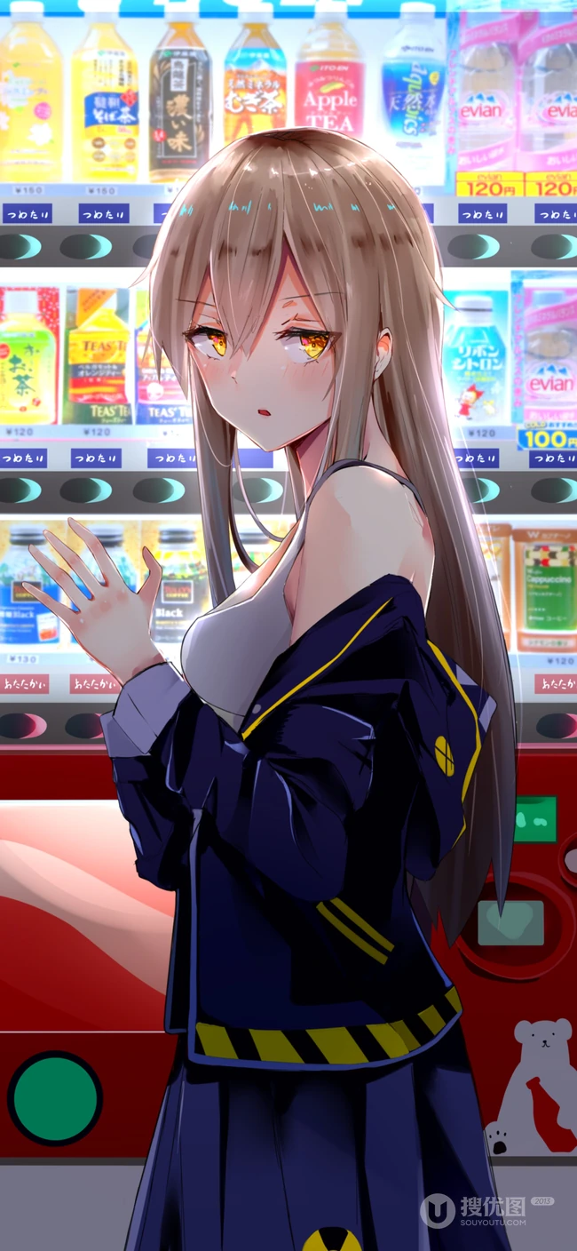 在饮料售卖机前的时尚动漫少女手机壁纸