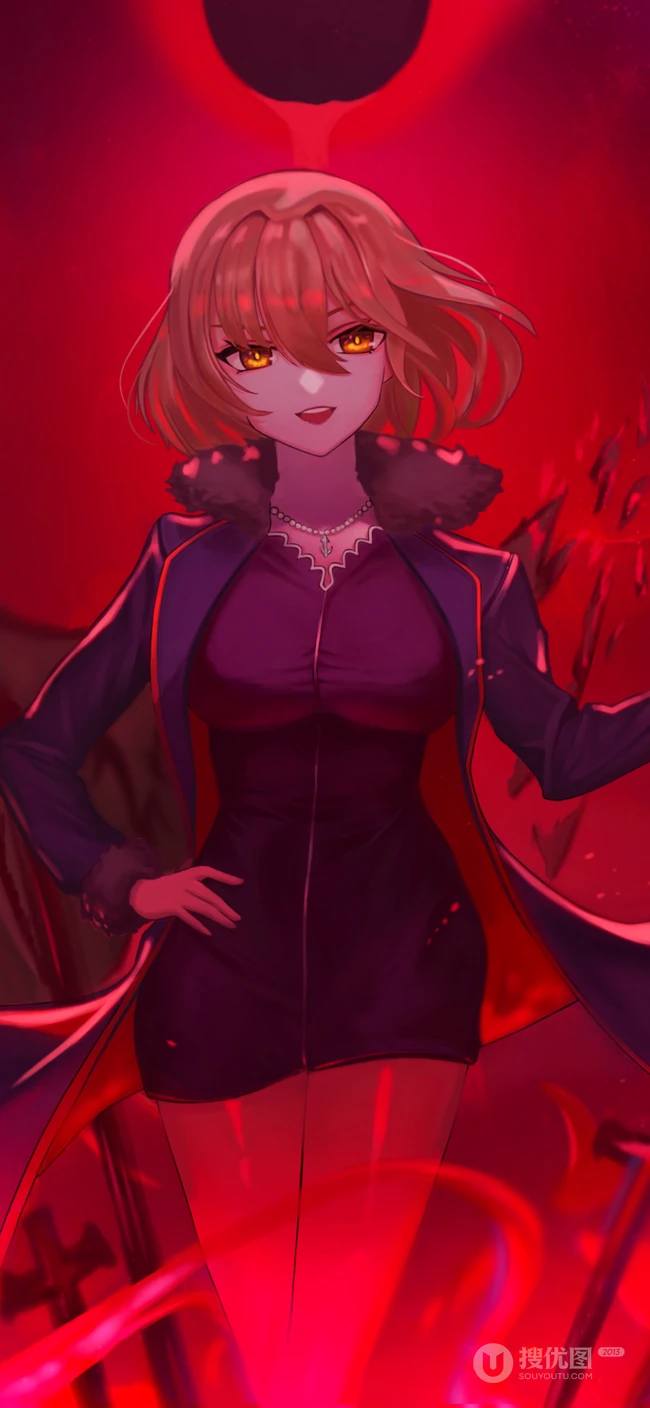 画面赤红基督动漫少女插画手机壁纸