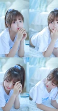皮肤白皙清纯可人马尾辫少女白T短裤长筒袜穿着悠闲居家写真照
