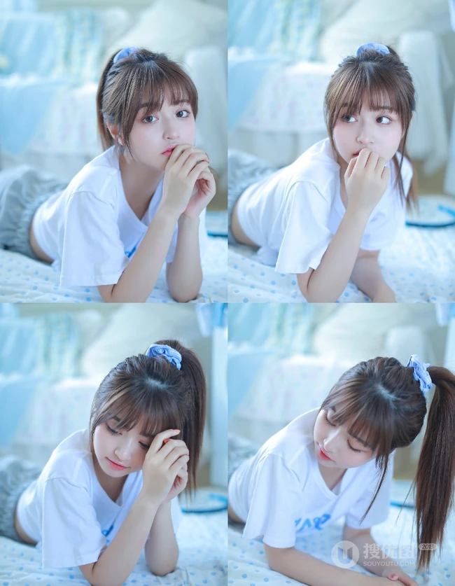 皮肤白皙清纯可人马尾辫少女白T短裤长筒袜穿着悠闲居家写真照
