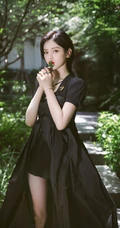 杨超越红唇，麻花辫，全黑长裙超美处暑主题森系户外街拍写真图片