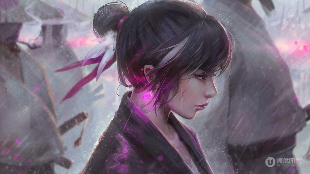 丸子头的日本传统女武士电脑壁纸图片