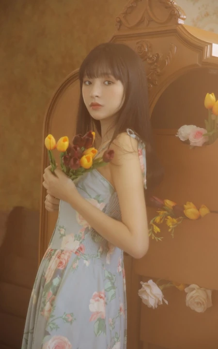 手拿郁金香的漂亮长发少女，身穿印花肩带裙在朦胧感的室内中举止动人