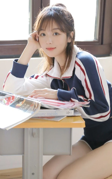 真实可爱清纯女生校花教室写真，穿着制服短裤的她，浅浅笑容超好看