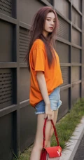 徐艺洋时尚休闲橙色T恤搭配牛仔热裤显白皙好看线条感街拍美照