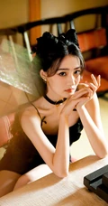 徐璐双牛角发型搭配黑色肩带裙，蕾丝袖，高筒靴酷美气质写真图片