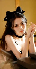 徐璐双牛角发型搭配黑色肩带裙，蕾丝袖，高筒靴酷美气质写真图片