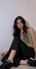 林允灰色背心黑裤休闲鞋坐地板慵懒美照