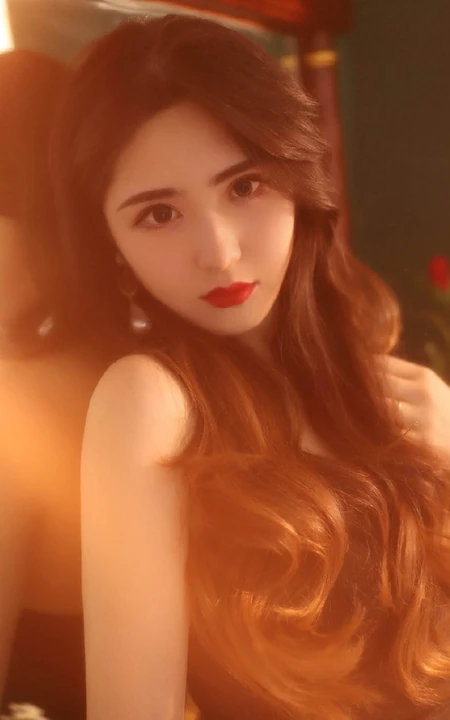 暖色调室内里的卷发，红唇，肩带黑裙柔美气质女人摄影艺术写真照