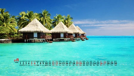 蔚蓝的大海，金黄的沙滩，2020年唯美大海，沙滩景色高清9月日历壁纸图片