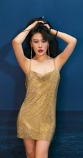 风华绝代，柔美动人，女生袁娅维金色肩带连衣短裙写真，舞台照图片