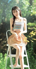 双麻花辫美丽可人肩带衣牛仔短裤少女户外草地清新写真图片