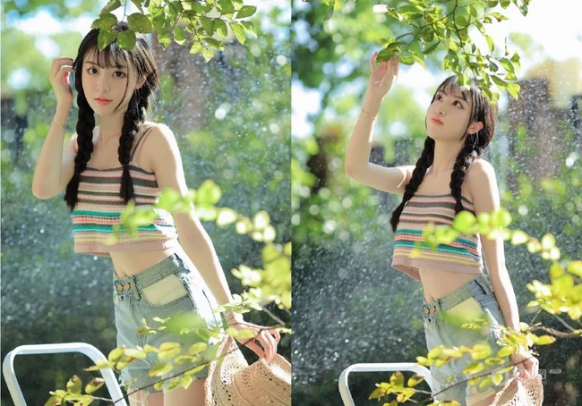 双麻花辫美丽可人肩带衣牛仔短裤少女户外草地清新写真图片