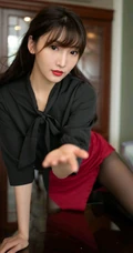 柔情蜜意的气质时尚女生陆萱萱黑衫红裙制服深袜袜OL主题系列室内图片