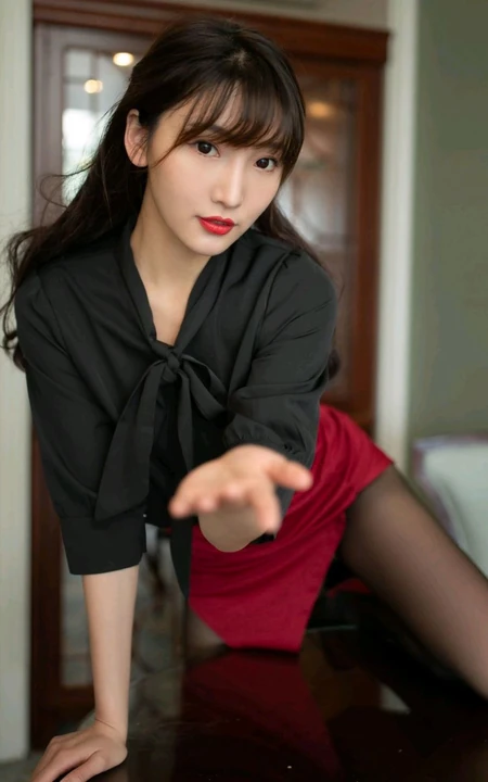 柔情蜜意的气质时尚女生陆萱萱黑衫红裙制服深袜袜OL主题系列室内图片