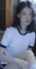 微卷长发气质校花少女运动体操服短裤，长筒袜居家悠闲写真图片