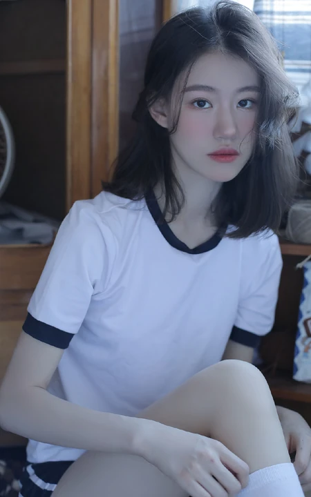 微卷长发气质校花少女运动体操服短裤，长筒袜居家悠闲写真图片