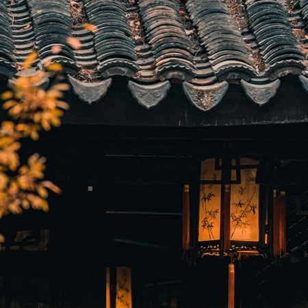 中国四大名园之一苏州拙政园里的老墙，黑瓦，落叶等复古色意境图片