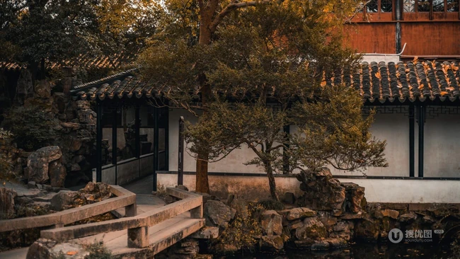 中国四大名园之一苏州拙政园里的老墙，黑瓦，落叶等复古色意境图片 第2张
