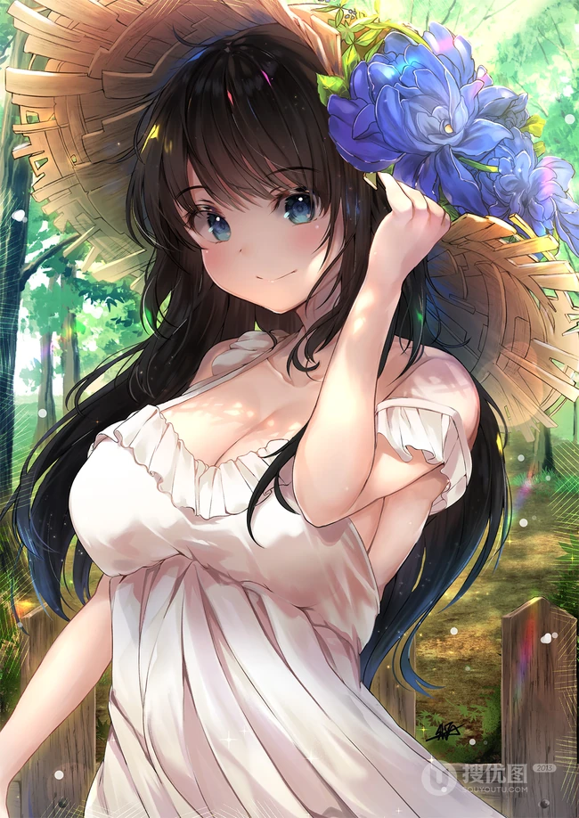 戴草帽，斗笠的清凉装二次元动漫女生海边，泳池边活力四射图片集