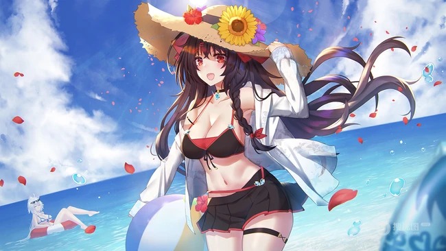 戴草帽，斗笠的清凉装二次元动漫女生海边，泳池边活力四射图片集