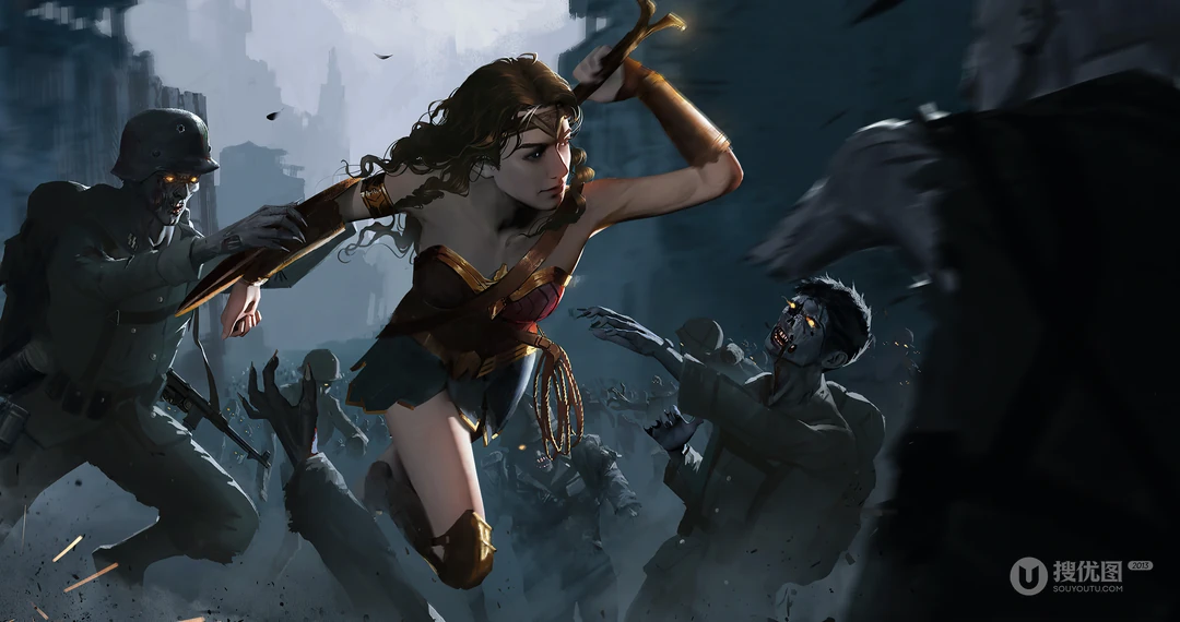DC动漫人物神奇女侠战场冲杀超清插画壁纸图片