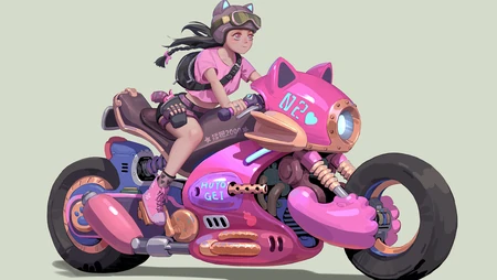 骑粉色摩托车很阳光的的动漫女孩插画壁纸图片