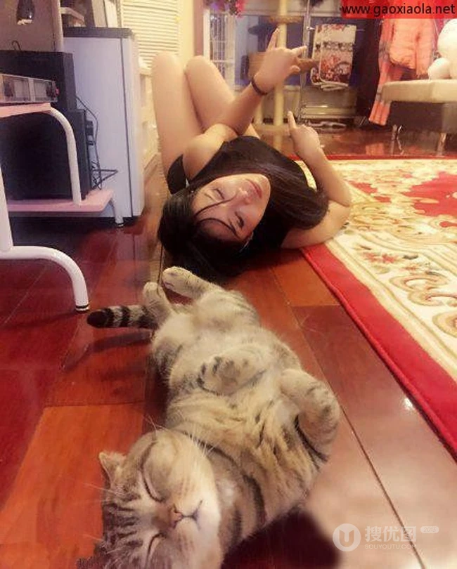 这一女，一猫躺在地上吸睛的姿势，简直是神同步啊！