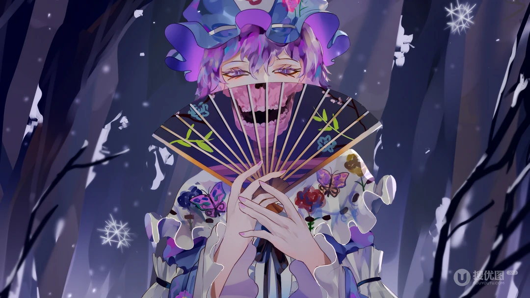 手拿骷髅扇子的日本和服动漫少女高清电脑壁纸