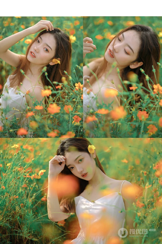 山花浪漫的花间超美肩带白裙少女唯美艺术摄影写真图集