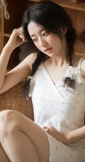 小碎花肩带白裙双麻花辫白袜少女居家慵懒动人休闲写真