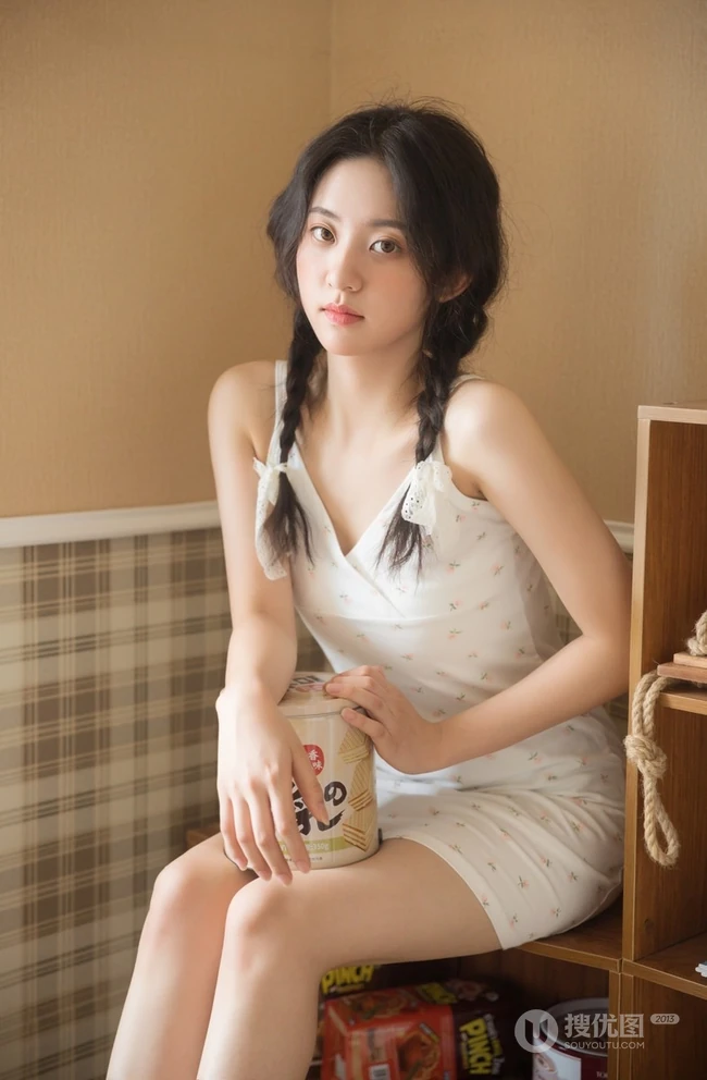 小碎花肩带白裙双麻花辫白袜少女居家慵懒动人休闲写真
