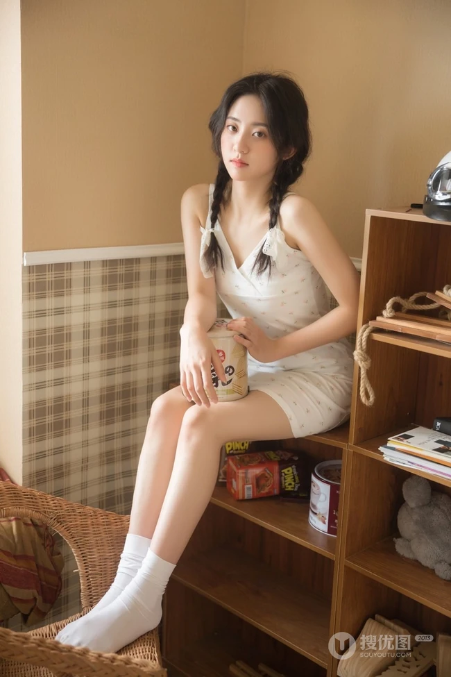 小碎花肩带白裙双麻花辫白袜少女居家慵懒动人休闲写真