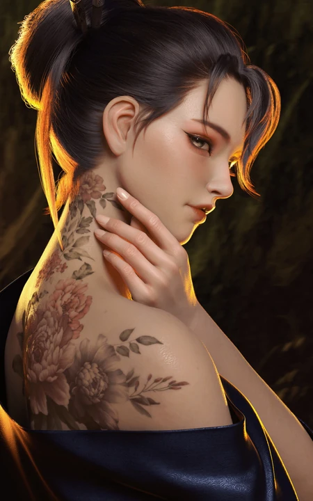 性感露肩，露出背上个性纹身的动漫少女