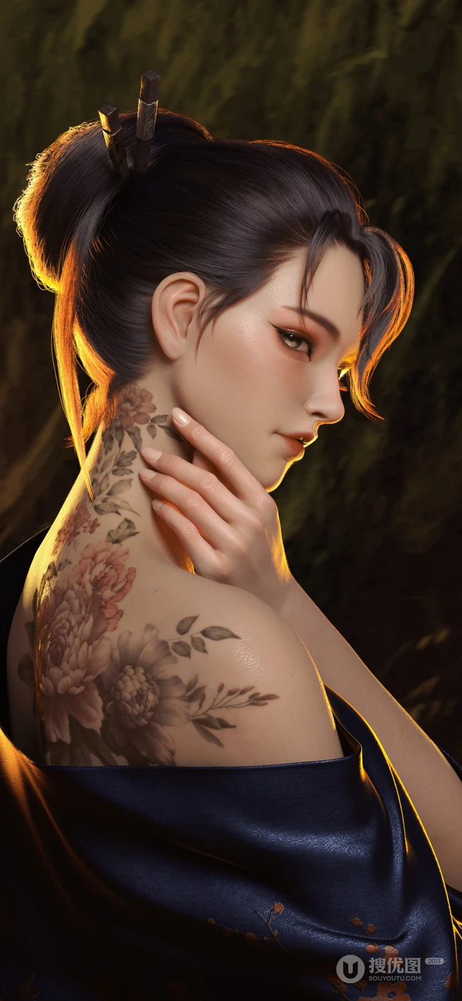性感露肩，露出背上个性纹身的动漫少女
