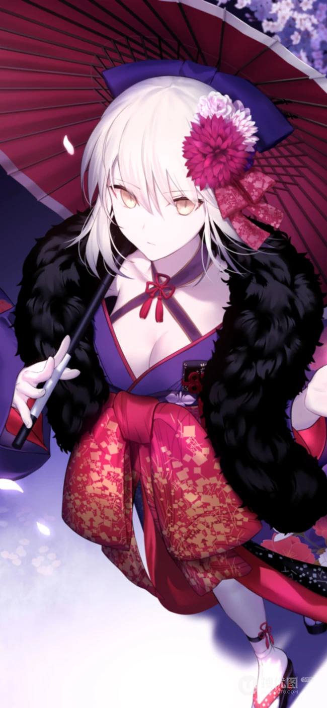 红伞红花，抹胸装性感穿和服的日本动漫美女手机壁纸