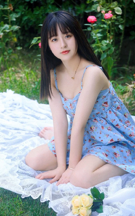 清纯甜美印花肩带长裙女生手拿雨伞超美户外清新写真照