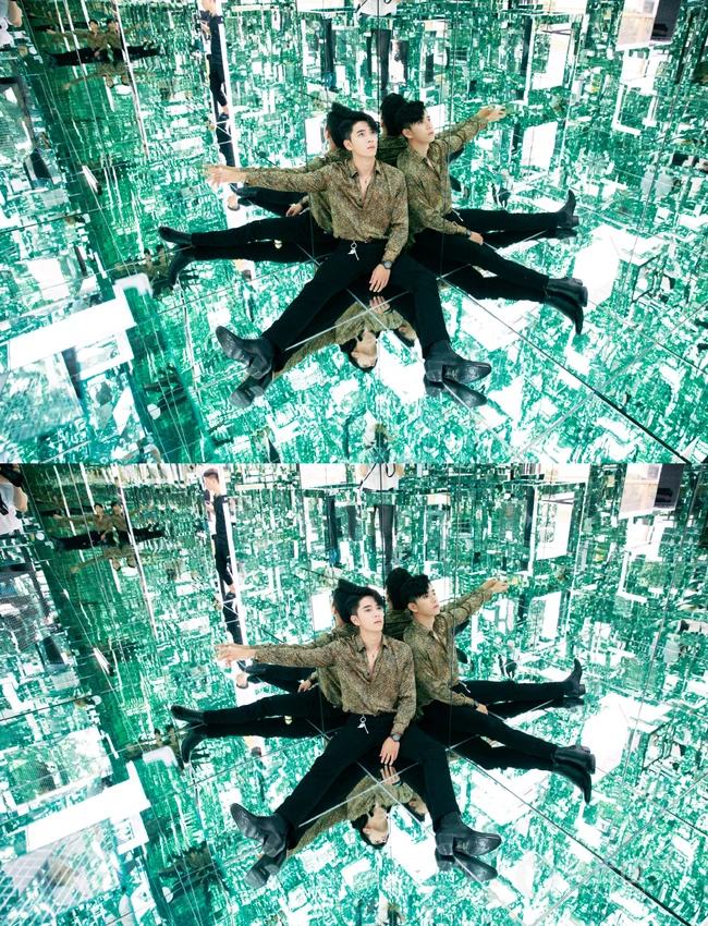 陈若轩豹纹装衬衣黑裤帅气光影写真照片
